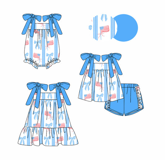 3.15 custom each style moq 5eta 4-6week Sibling Sisters bow flag baby girl short sleeve shorts sets and dress and rompers match family design