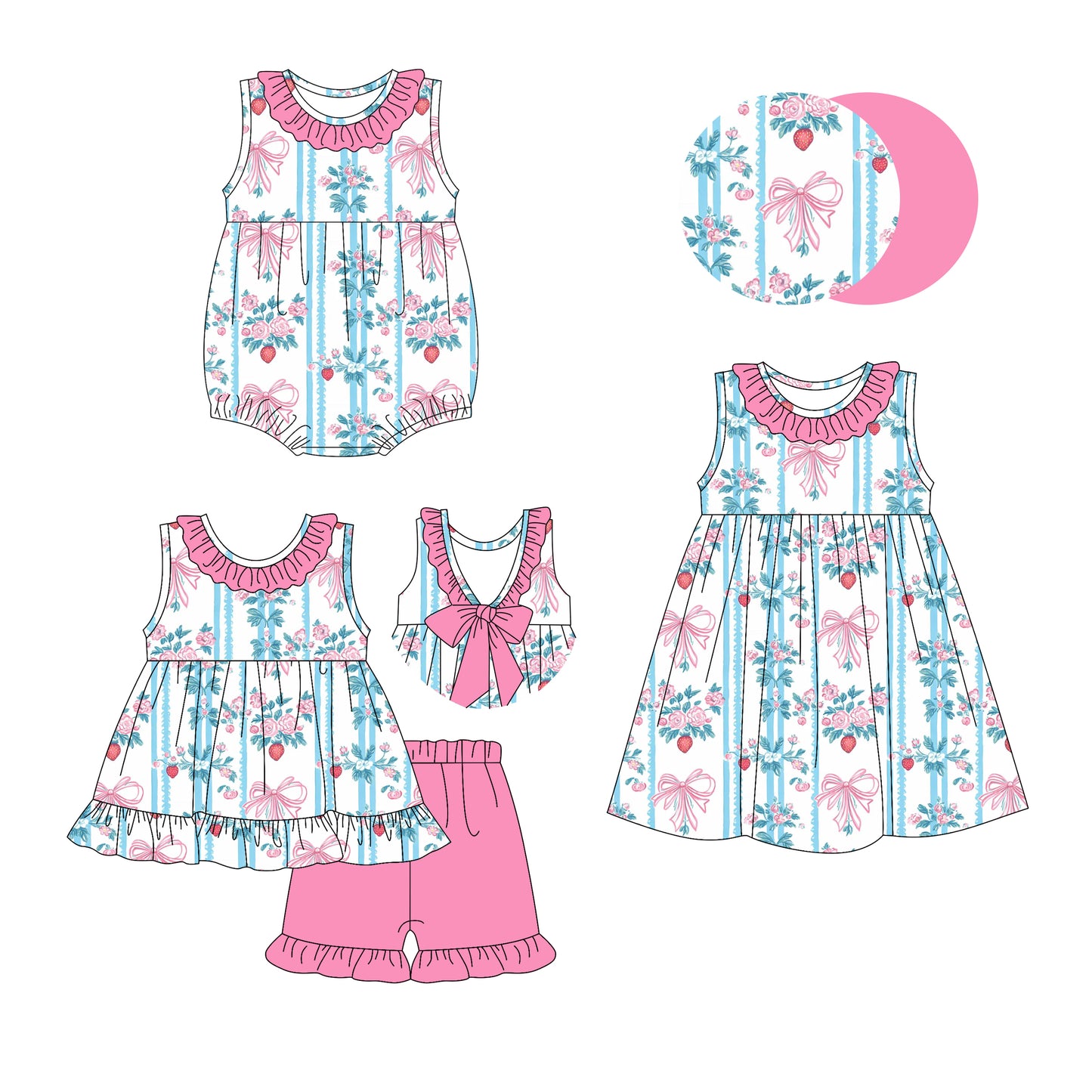 3.4 custom each style moq 5eta 4-6week Sibling Sisters floral bow baby girl short sleeve shorts sets and dress and rompers match family design