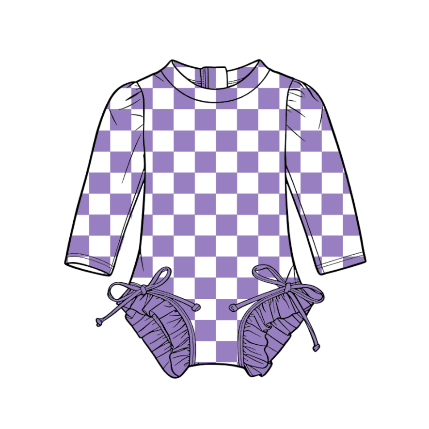 Custom moq 5 mix size milk silk summer teams Baby Girl's Purple Plaid Long-Sleeved Onesie Swimsuit