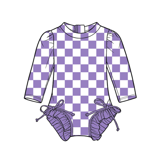Custom moq 5 mix size milk silk summer teams Baby Girl's Purple Plaid Long-Sleeved Onesie Swimsuit
