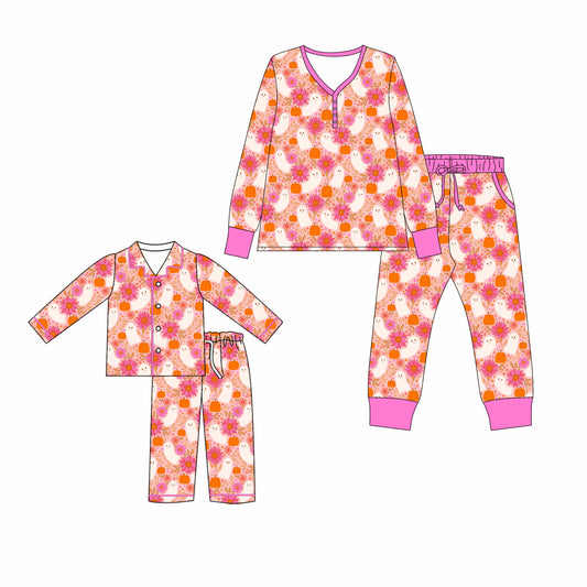 25.5.13 custom each style moq 5eta 4-6week Sibling Sister ghost floral long sleeve pants sets and adult sets match design