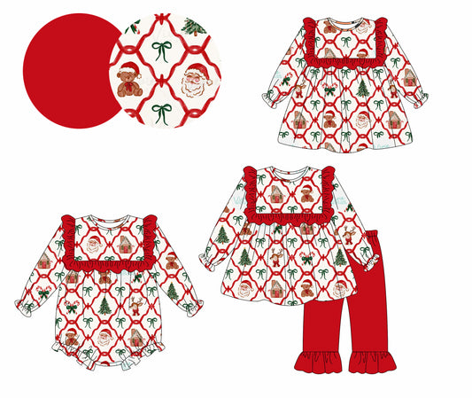 25.5.12 custom each style moq 5eta 4-6week Sibling Sisters Christmas bow red baby girl long sleeve pants sets and dress and rompers match family design
