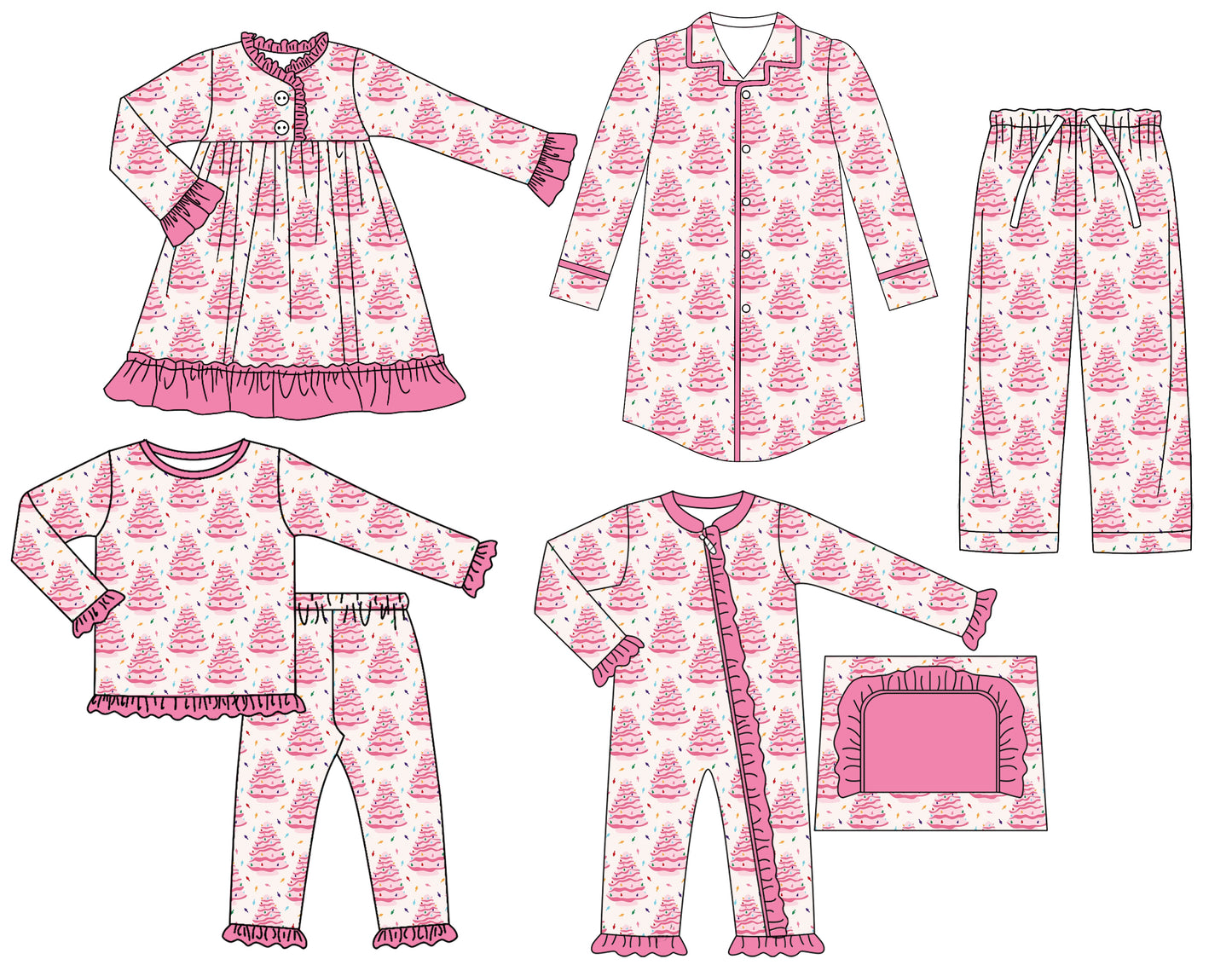 25.7.21 custom each style moq 5eta 4-6week Sibling Sisters Christmas trees pink baby girl long sleeve pants sets and adult top and adult pants and romper and dress match family design