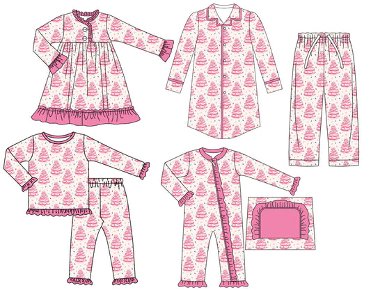 25.7.21 custom each style moq 5eta 4-6week Sibling Sisters Christmas trees pink baby girl long sleeve pants sets and adult top and adult pants and romper and dress match family design