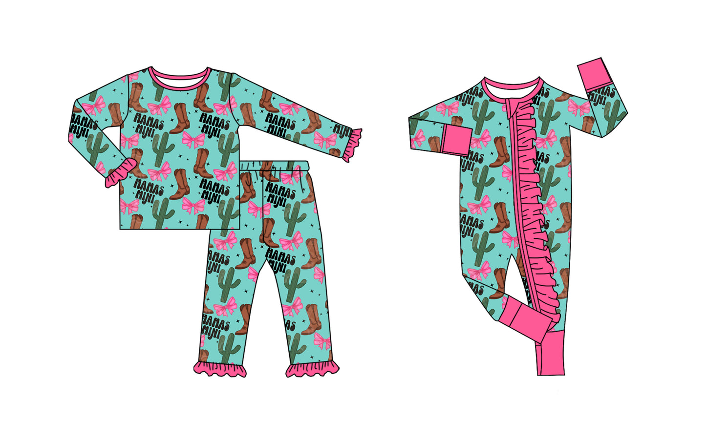 25.8.27 custom each style moq 5eta 4-6week Sibling Sisters boot catcus bow pink baby girl clothes long sleeve pants sets and romper match family design