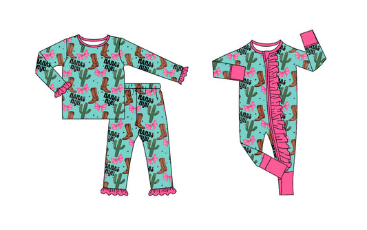 25.8.27 custom each style moq 5eta 4-6week Sibling Sisters boot catcus bow pink baby girl clothes long sleeve pants sets and romper match family design