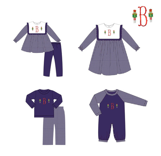 5.17custom each style moq 5eta 4-5week Sibling Sister nutcracker knight print purple girls and boys outfits and baby romper match family design