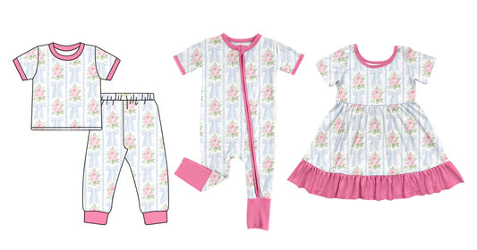 12.5 custom each style moq 5eta 4-6week Sibling Sister bow floral baby girl sets and dress and rompers match family design