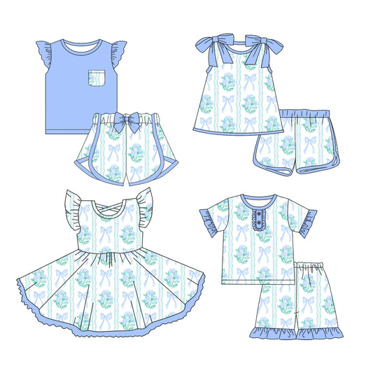 3.12 custom each style moq 5eta 4-6week Sibling Sister floral bow baby girls short sleeve set and set 2 and sets 3 and dress match design