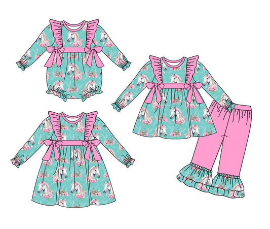 25.9.20 custom each style moq 8 eta 6-8week Sibling Sisters horse floral baby girl long sleeve pants sets and dress and rompers match family design