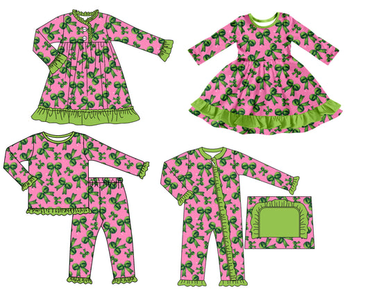 25.7.25 custom each style moq 5 eta 4-6week Sibling Sisters Christmas bow baby girl long sleeve pants sets and romper and dress 1 and dress 2 match family design