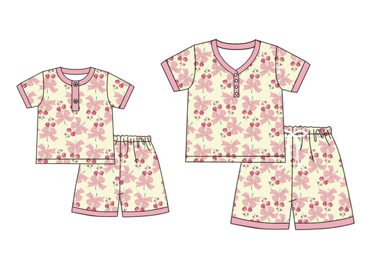 4.25 custom each style moq 5eta 4-6week Sibling Sister bow floral short sleeve shorts sets and adult sets match design