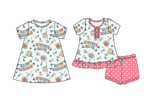 4.8 custom each style moq 5eta 4-6week Sibling Sister HAPPY BIRTHDAY baby girl short sleeve shorts sets and dresses match design