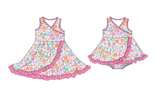 25.10.11 custom each style moq 5 eta 6-8week Sibling Sisters floral baby girl short sleeve dress and romper match family design