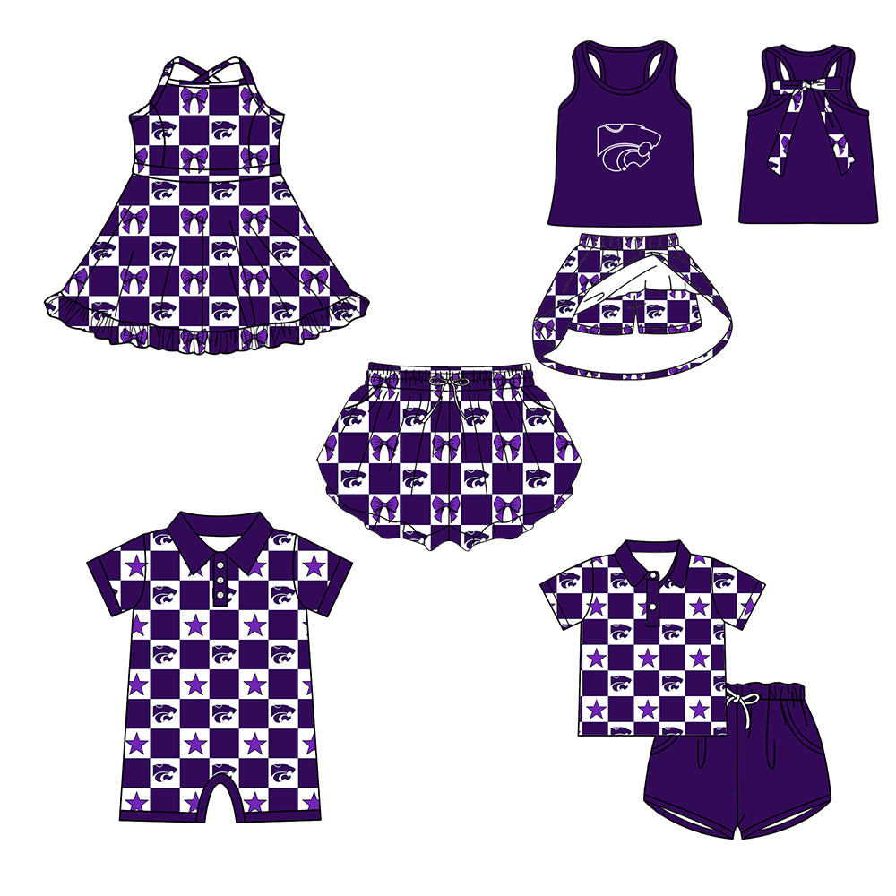 Custom moq 5 mix size milk silk summer teams Purple Checked Bows Baby Girl Sleeveless Top Skirt Short Set Dress And Shorts Yoga Outfit Boy's Top Shorts Set Romper