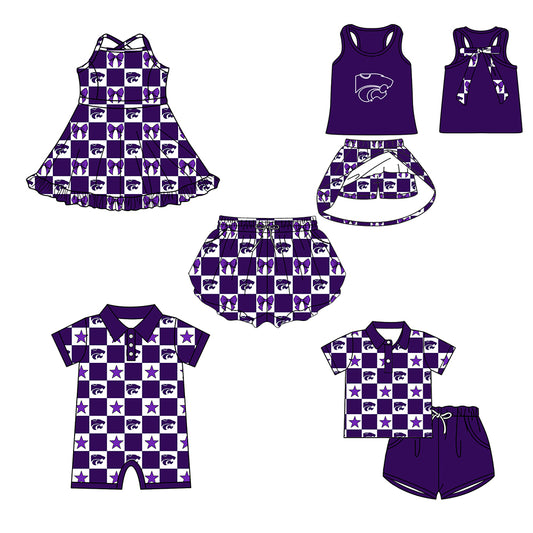 Custom moq 5 mix size milk silk summer teams Purple Checked Bows Baby Girl Sleeveless Top Skirt Short Set Dress And Shorts Yoga Outfit Boy's Top Shorts Set Romper