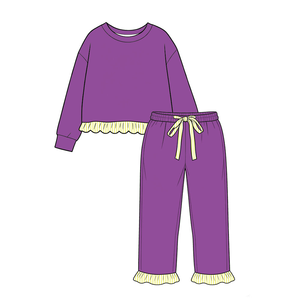 custom moq 5 mix size Baby Girls Purple Long Sleeve Top With Yellow Striped Ruffle Hem Jogger Pants Casual Outfit