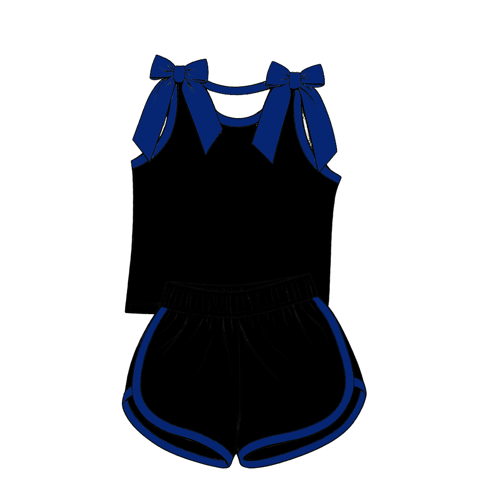 custom moq 5 mix size Baby Girls Blue Bow Sleeveless Top Shorts Summer Casual Clothes Set
