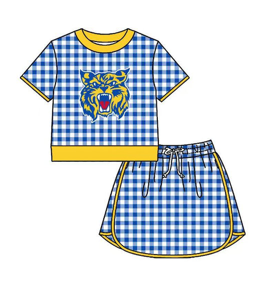Custom moq 5 mix size milk silk summer teams Baby Girls Blue Plaid Short Sleeve Top Skirt Two Piece Set