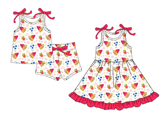 25.6.4 custom each style moq 5eta 4-6week Sibling Sister watermelon strawberry baby girl short sleeve shorts sets and dresses match design