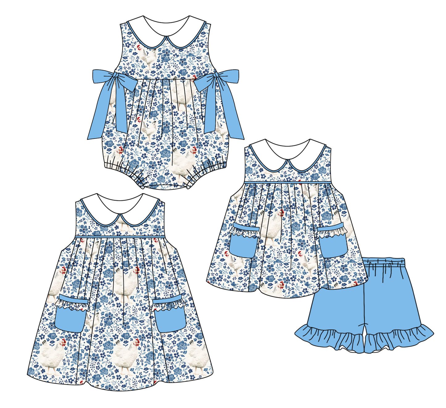 2.24 custom each style moq 5eta 4-6week Sibling Sisters floral baby girl short sleeve shorts sets and dress and rompers match family design