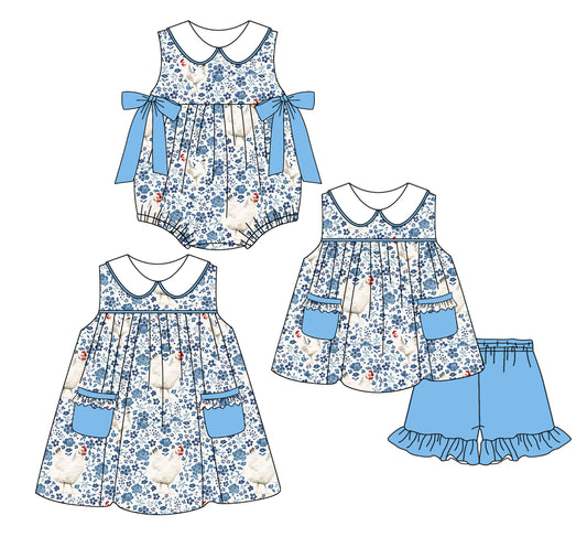 2.24 custom each style moq 5eta 4-6week Sibling Sisters floral baby girl short sleeve shorts sets and dress and rompers match family design