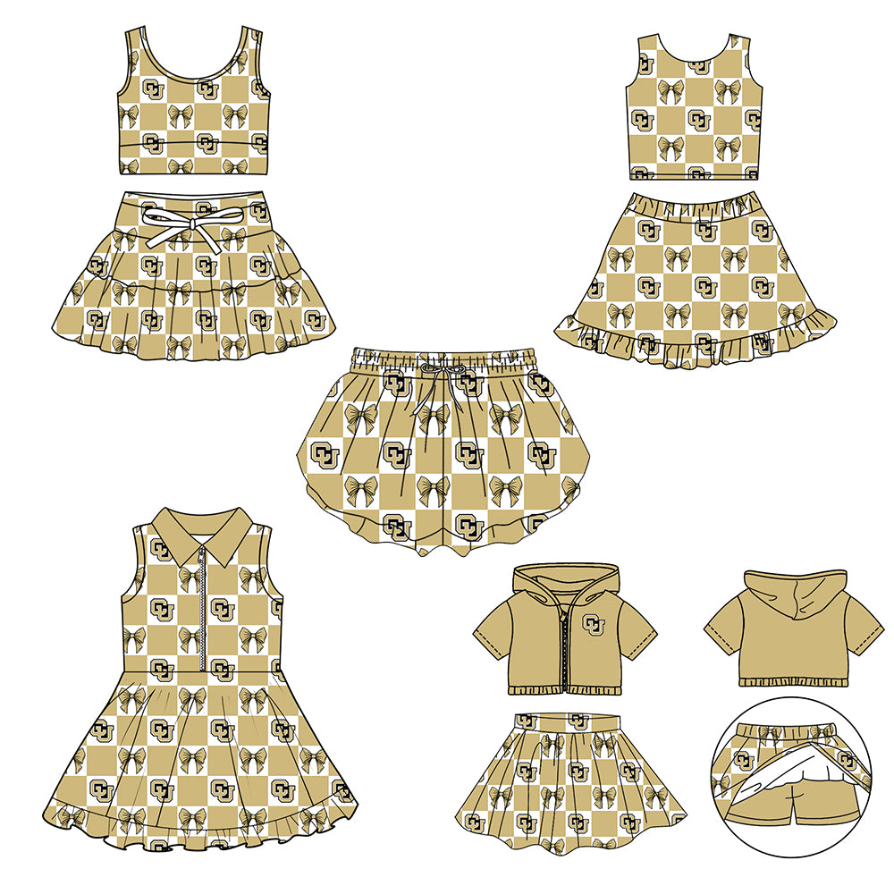 Custom moq 5 mix size Milk Silk Summer Girls' Set Letter Bow Print Plaid Sleeveless Skirt 3-Piece Set Includes Dress and Shorts-26.1.27