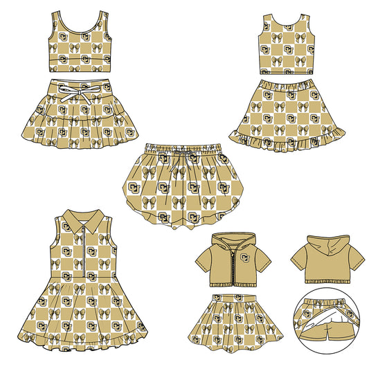 Custom moq 5 mix size Milk Silk Summer Girls' Set Letter Bow Print Plaid Sleeveless Skirt 3-Piece Set Includes Dress and Shorts-26.1.27