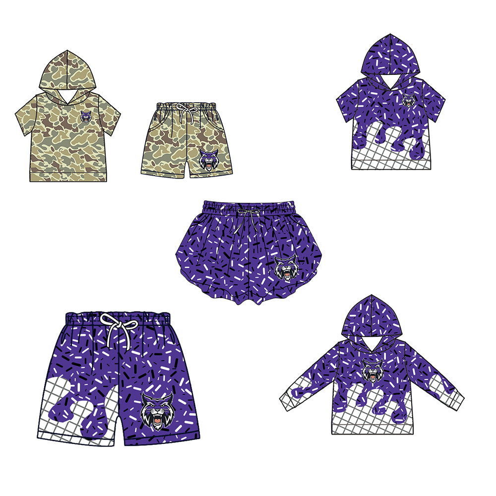 Custom moq 5 mix size milk silk summer teams Baby Camo Hooded Short Sleeve Top and Shorts Set Purple Ice Cream Drips Hooded Top with Matching Shorts