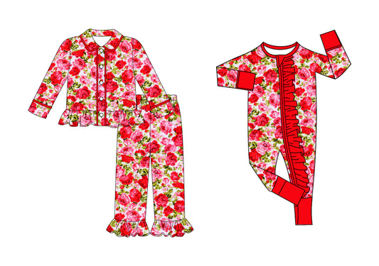 25.9.8 custom each style moq 5eta 4-6week Sibling Sisters floral red baby girl clothes long sleeve pants sets and romper match family design