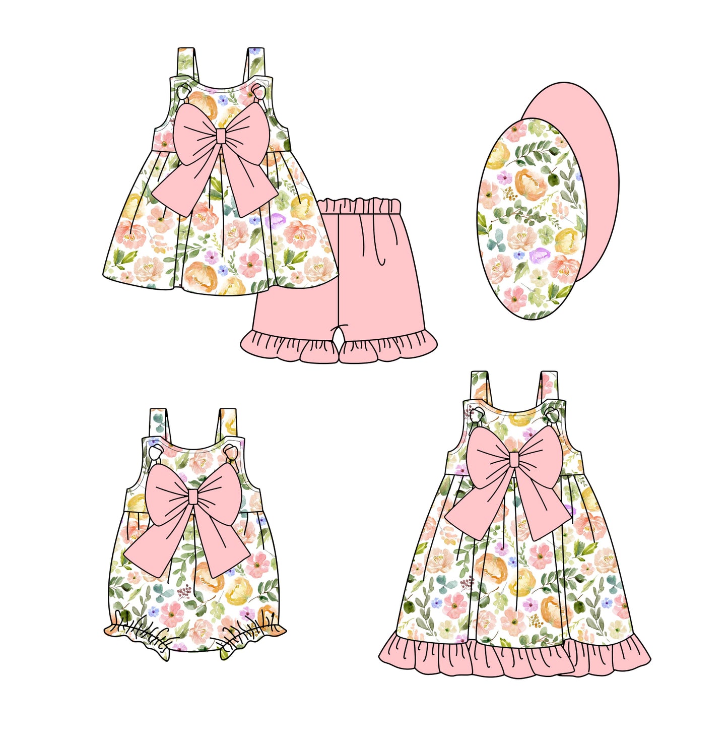 1.13 custom each style moq 5eta 4-6week Sibling Sisters floral baby girl short sleeve shorts sets and dress and rompers match family design