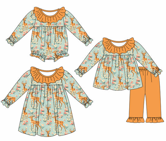 25.5.26 custom each style moq 5eta 4-6week Sibling Sisters deer floral baby girl long sleeve pants sets and dress and rompers match family design