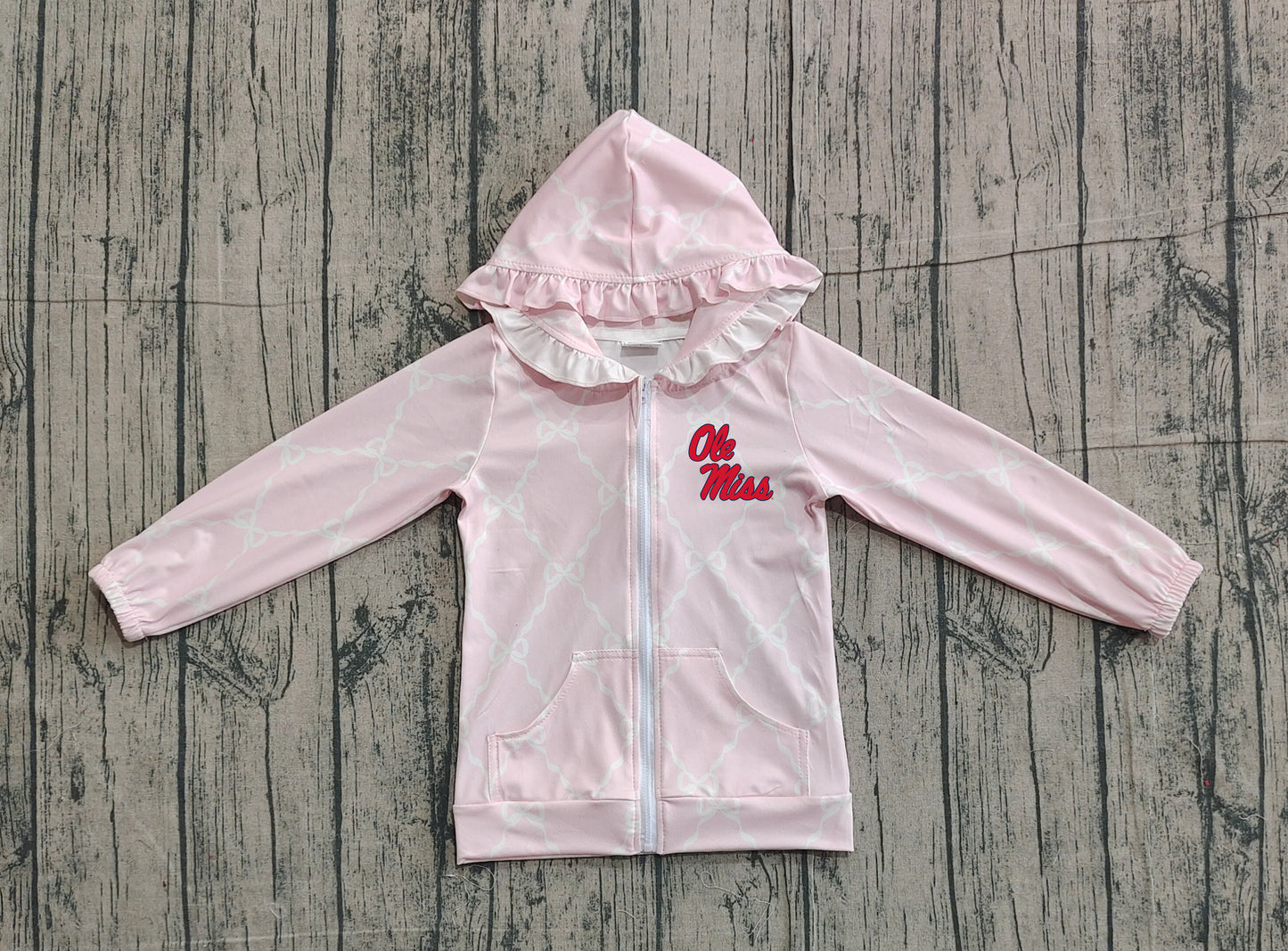 Custom moq 5 mix size milk silk baby girls clothes team summer lace bow pink zipper hooded long sleeve top-25.11.22