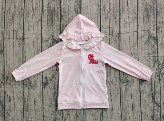 Custom moq 5 mix size milk silk baby girls clothes team summer lace bow pink zipper hooded long sleeve top-25.11.22