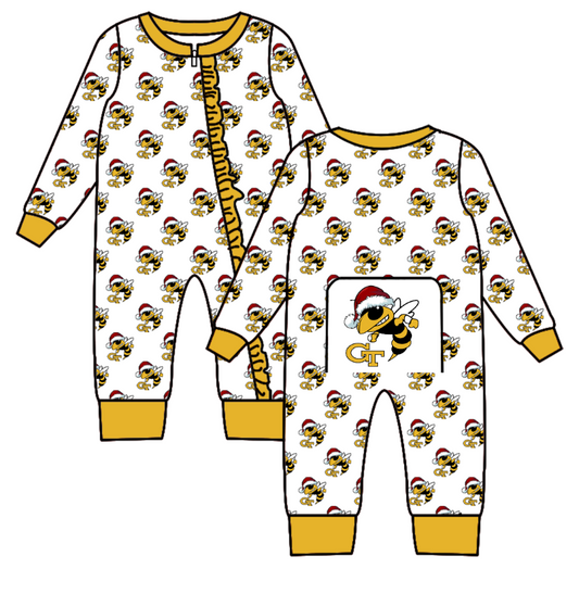 Custom moq 5 eta 6-8weeks Santa Hat Bee Yellow Team Long Sleeve Girls Romper