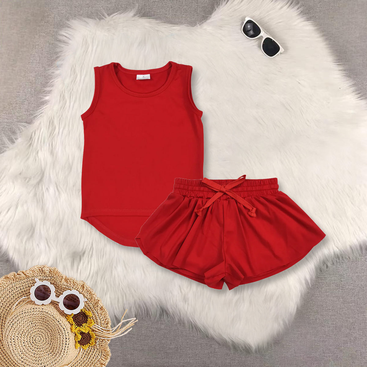 RTS NO MOQ Sibling baby girls clothes yoga solid color short sleeve Clothes Sets-2