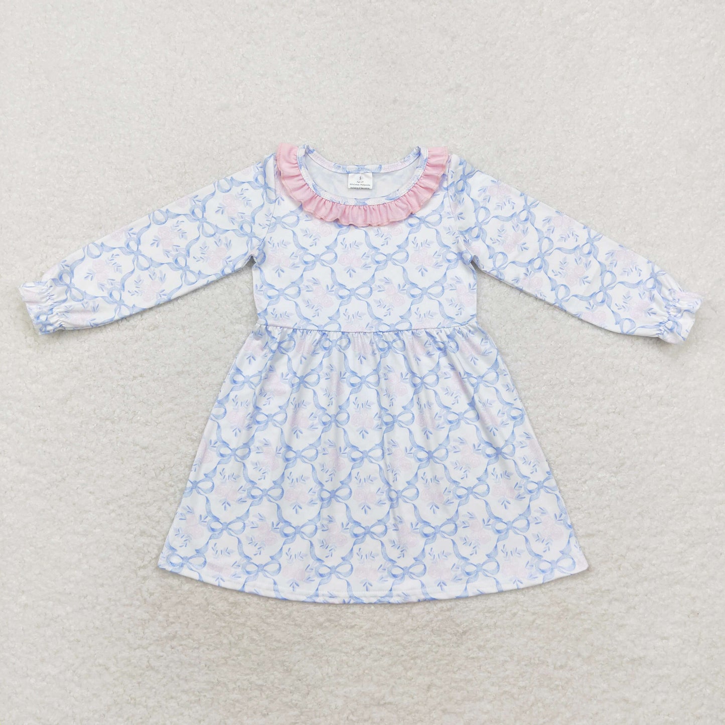 rts no moq GLD0693 White long-sleeved dress with pink lace and flower bow pattern