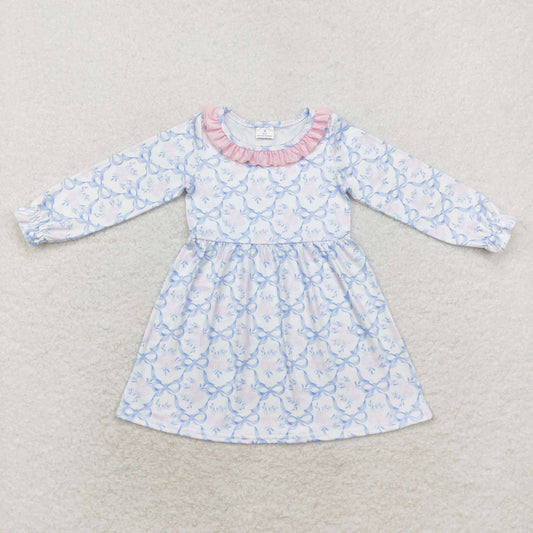 rts no moq GLD0693 White long-sleeved dress with pink lace and flower bow pattern