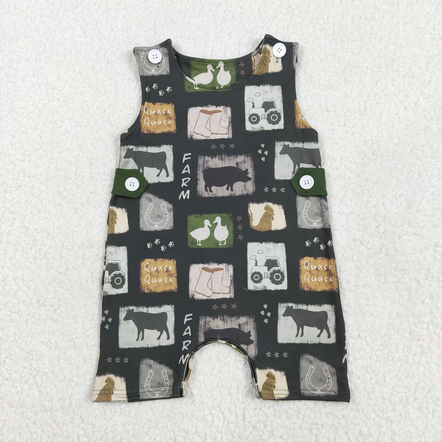 RTS NO MOQ SR2874 Farm tractor cow duck button green sleeveless jumpsuit