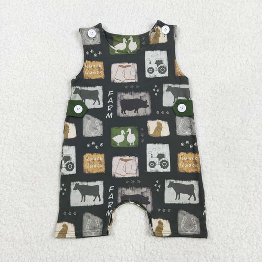 RTS NO MOQ SR2874 Farm tractor cow duck button green sleeveless jumpsuit
