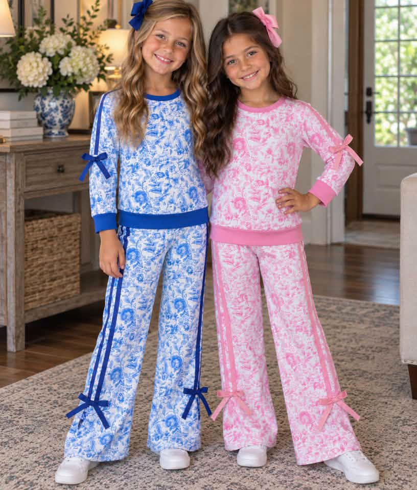 RTS NO MOQ Sibling milk silk Baby Girls Floral Print Long Sleeve Top And Wide Leg Pants Set With Side Bow