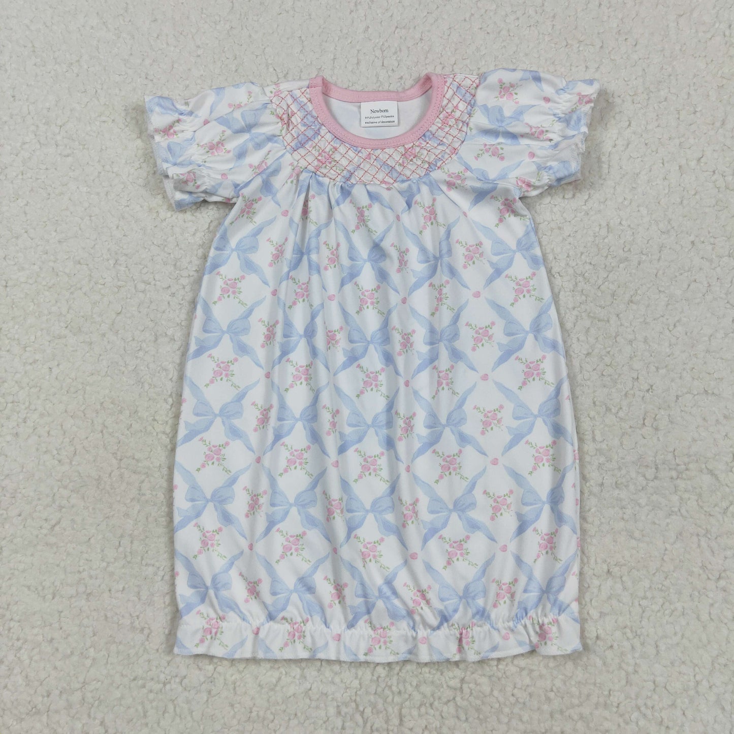 RTS NO MOQ NB0045 White short-sleeved robe with embroidery blue bow flower