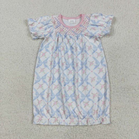 RTS NO MOQ NB0045 White short-sleeved robe with embroidery blue bow flower