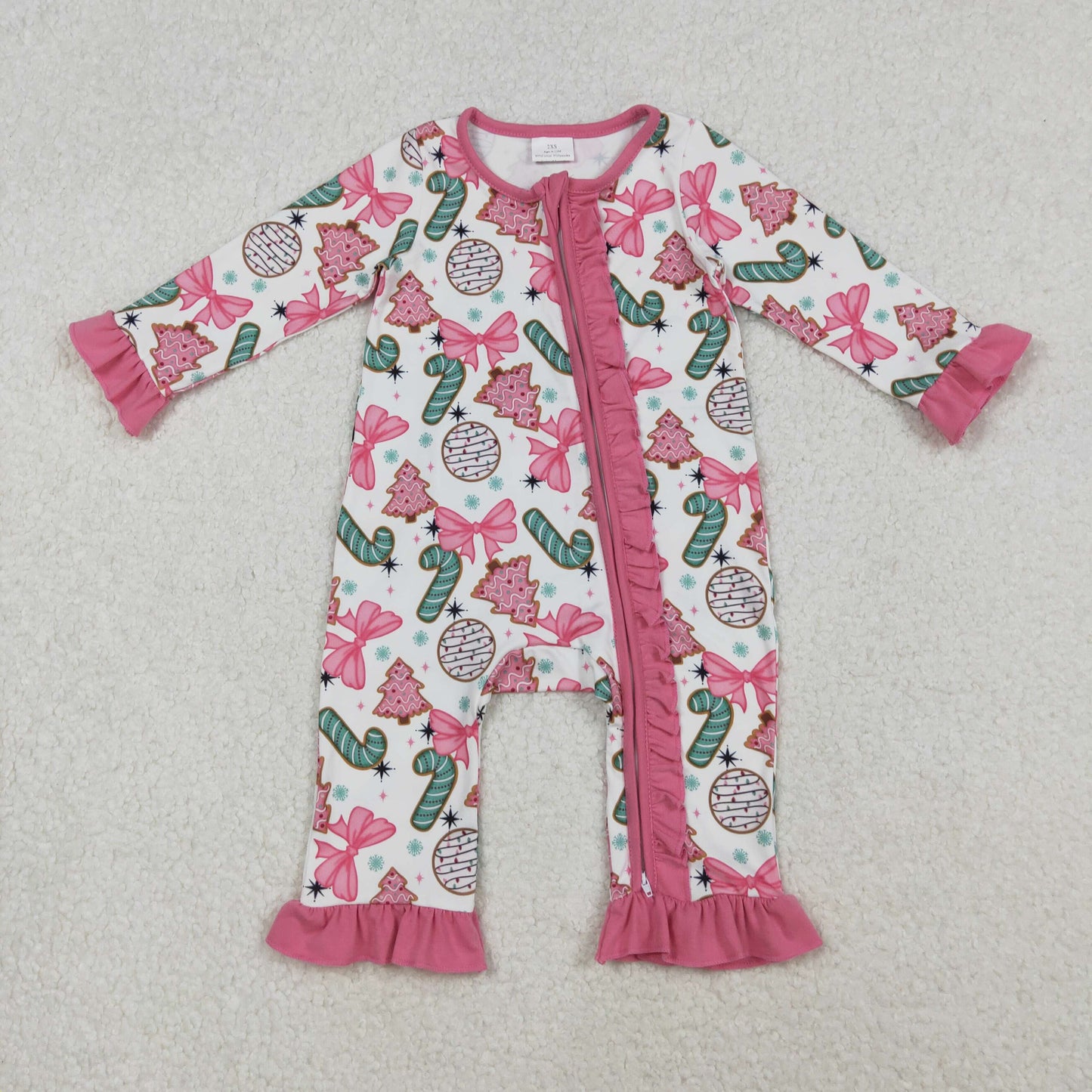 RTS NO MOQ（In Stock) LR2486 Pink lace and white long-sleeved bodysuit with bow pattern, candy cane, and Christmas tree