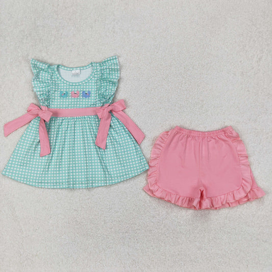 RTS NO MOQ ETA 5/7days Arrived GSSO2017 Embroidered crab pink bow green plaid flying sleeve shorts suit