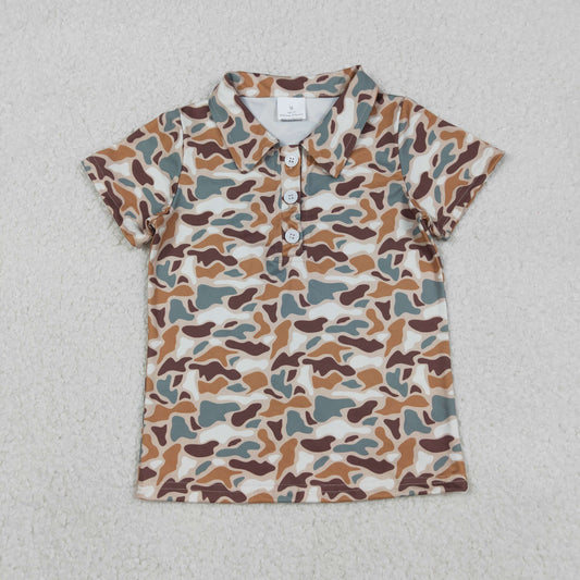 RTS NO MOQ（In Stock) Dark Brown Green Camouflage Beige Button Short-Sleeved Top
