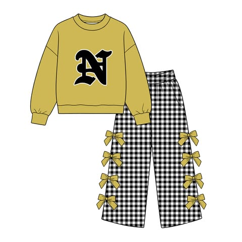 custom moq 5 mix size BM0101 Baby Girls Long Sleeve Top And Checkerboard Bow Wide Leg Pants Team Set