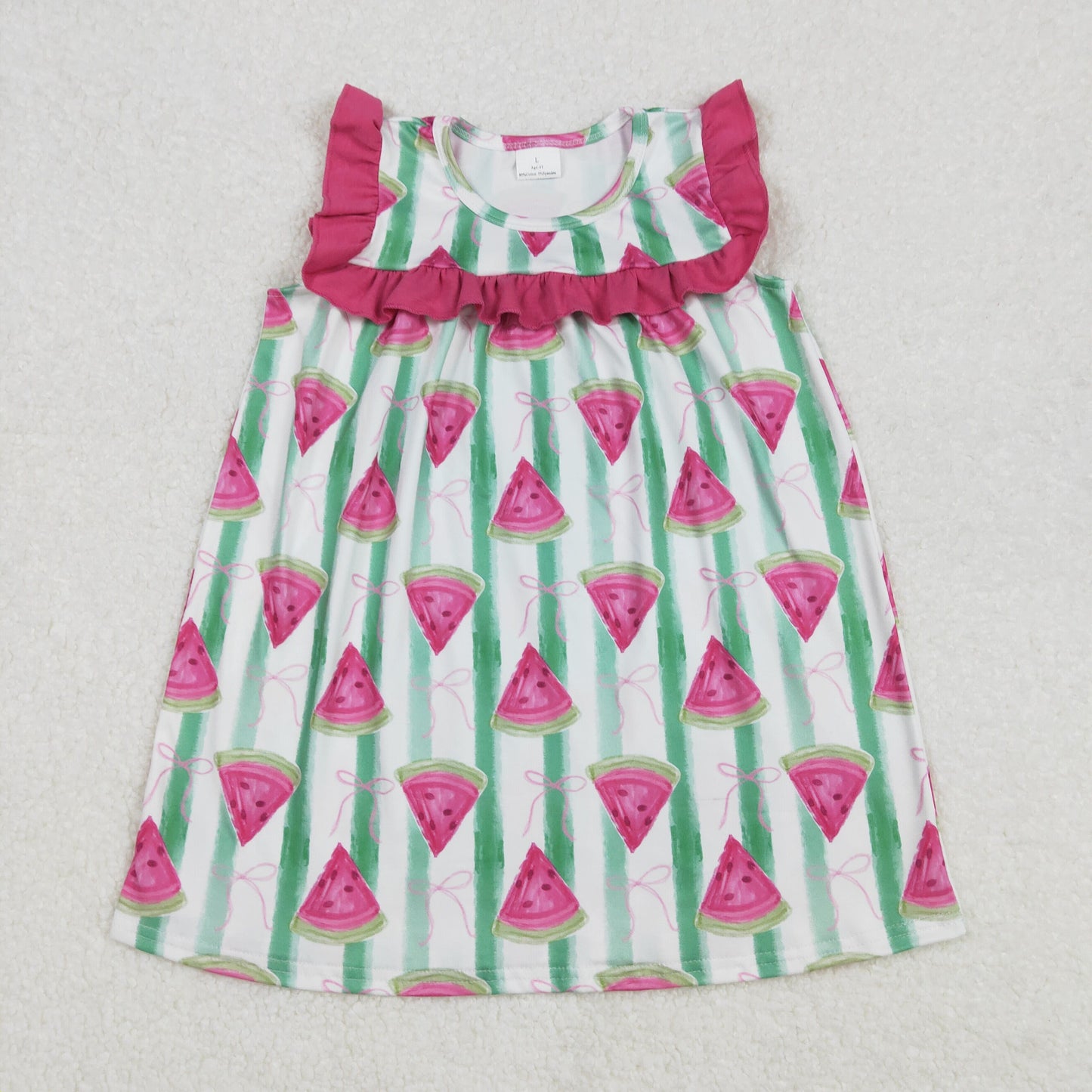RTS NO MOQ ETA 5/7days Arrived GSD1911 Pink bow pattern watermelon green striped sleeveless dress
