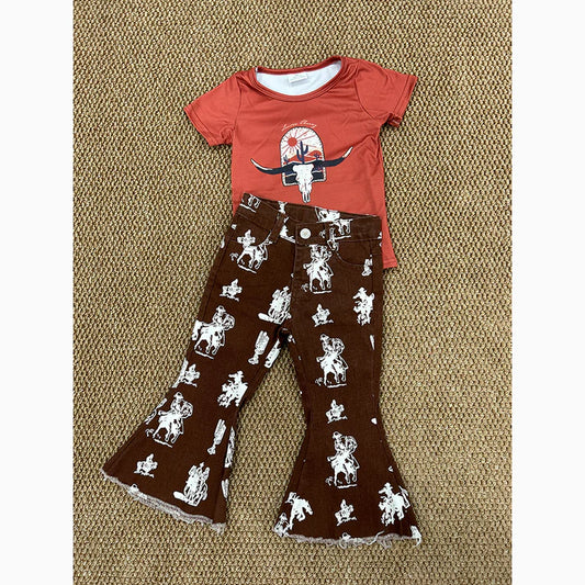 RTS NO MOQ GT0106+P0076 Girls' Bullhead Cactus Brown Short Sleeve Top Riding Brown Denim Pants sets
