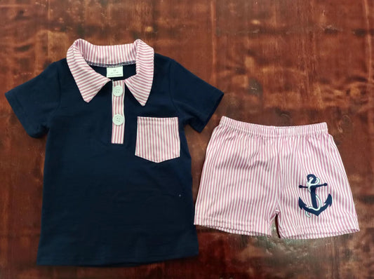 custom moq 5 eta 4-6weeks summer baby boys clothes navy blue short sleeve shorts set